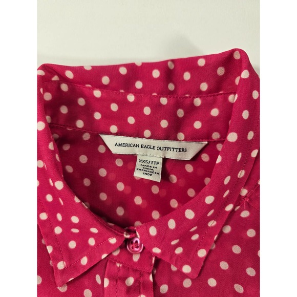 Pink and white polka dot long sleeve sheer button up size XXS ^ EUC - Picture 4 of 8
